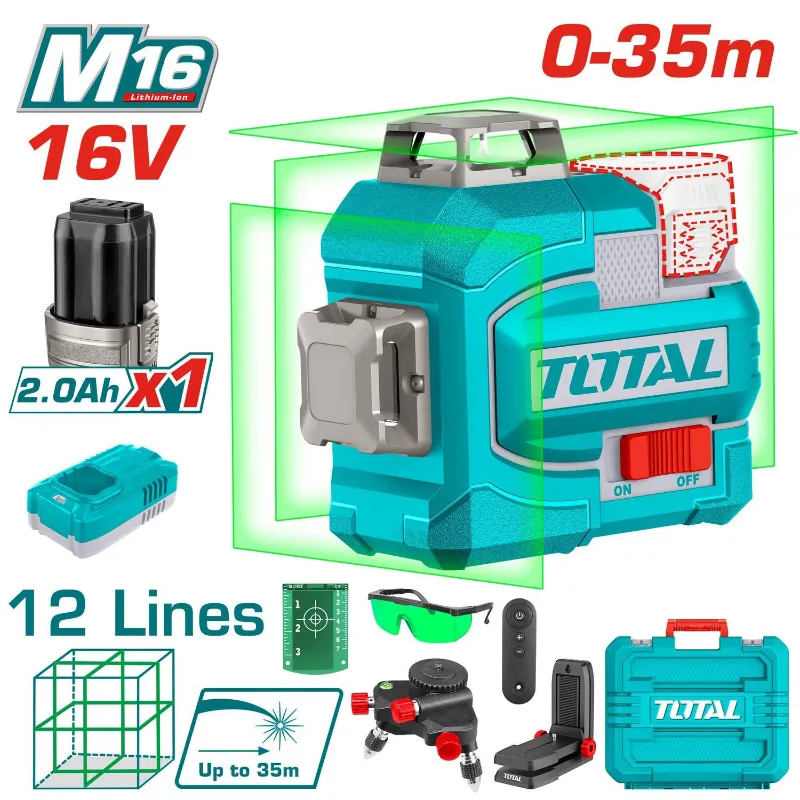 Nivel Láser 16v, 35m Autonivelante, 12 Líneas Verdes - TOTAL