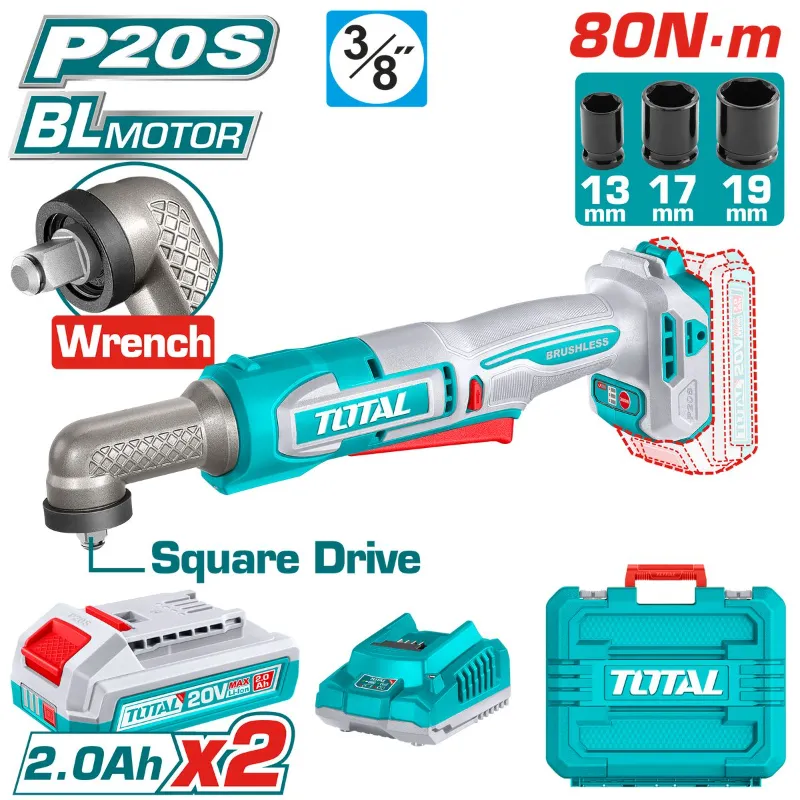 Atornillador Angular 3/8 Total 20v Brushless 80nm Kit 2 Baterías