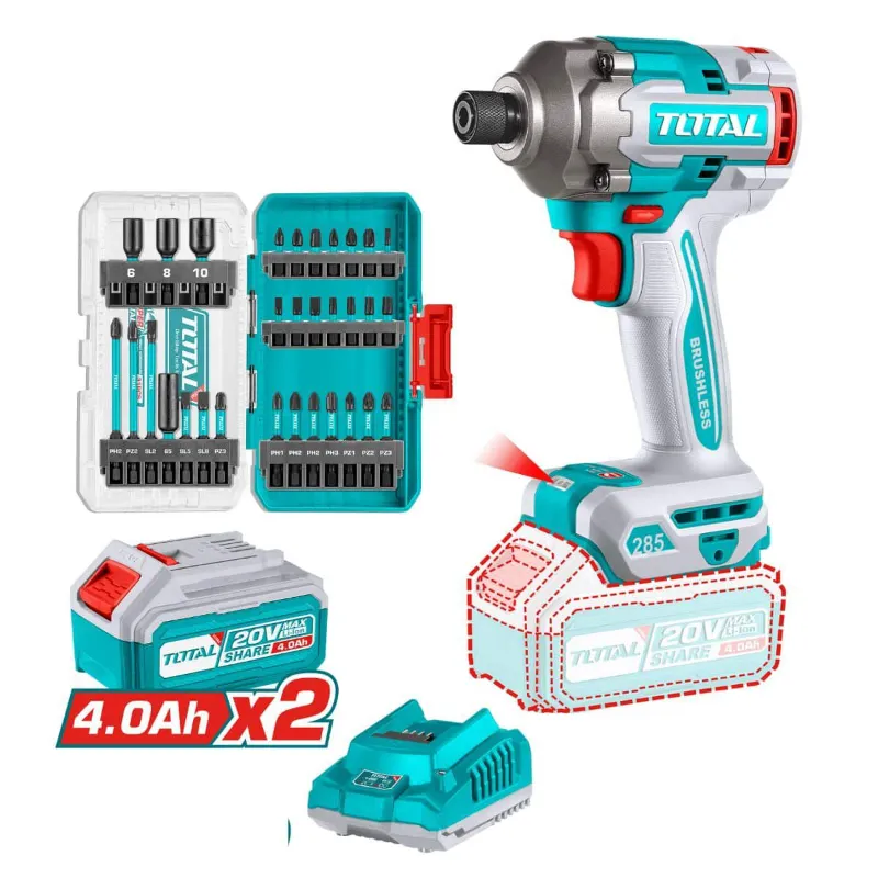 Atornillador De Impacto Inalambrico 1/4 20v 285nm +kit de puntas TOTAL