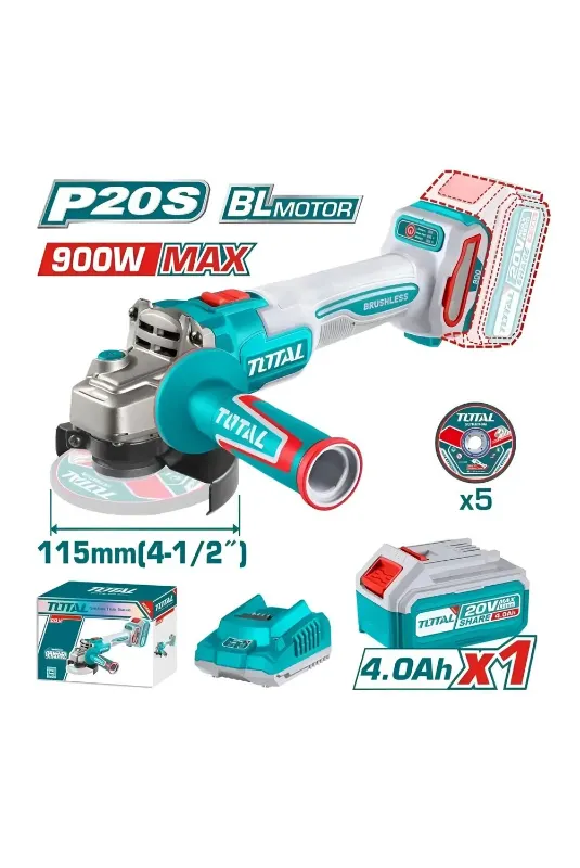 Amoladora Inalámbrica Total 20v Industrial - 900w - 4.1/2 Pulgadas, 115mm