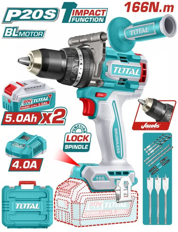 TALADRO PERCUTOR INALÁMBRICO 20V 166NM BL - 2 BATERIAS + CARGADOR + PUNTAS  + MALETIN- TOTAL